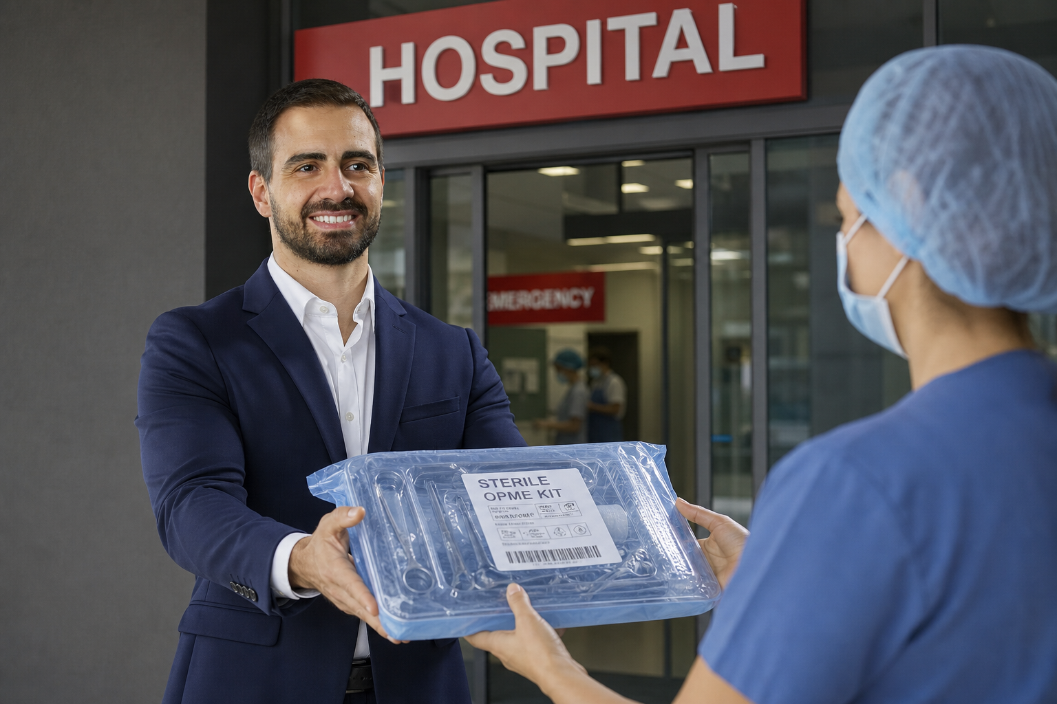 Eric entregando um kit de OPME ao hospital